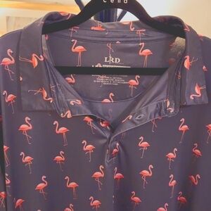LRD men's golf shirt, 2XL, 92% poly 8% spandex, lilac w/pink flamingo, like new